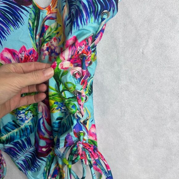 Stylish Swimwear Triangle Top Tie Side Tropical Pattern Deep V Swimsuit Sz LG - Picture 4 of 10